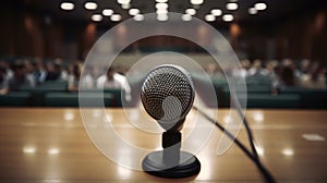 Microphone in Conference Seminar room, Speakers and listeners blurred in the background. Generative AI