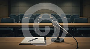 Microphone on Desk in Empty Auditorium for Presentation