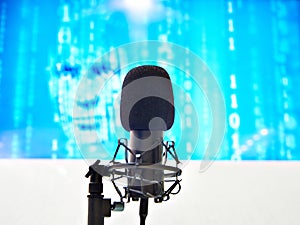 Microphone and digital face on blue