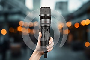 A microphone empowers a journalist\'s front view, making stories resonate powerfully. photo
