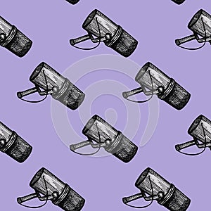 Microphone engraved seamless pattern. Music equipment for studio in hand drawn style