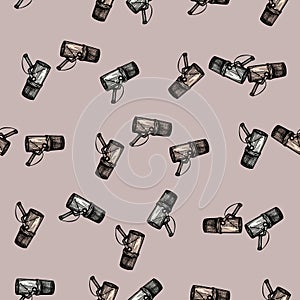 Microphone engraved seamless pattern. Music equipment for studio in hand drawn style