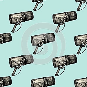 Microphone engraved seamless pattern. Music equipment for studio in hand drawn style