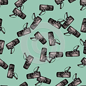 Microphone engraved seamless pattern. Music equipment for studio in hand drawn style