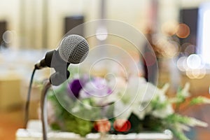 microphone in event meeting conference. presentation public, studio broadcast. mic speech conference for talk on podium in seminar