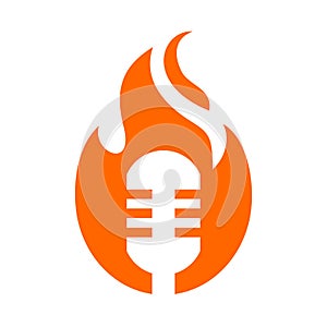 Microphone and fire flame logo template, burning mic icon