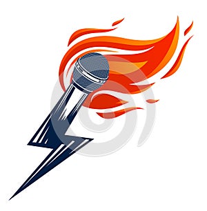 Microphone on fire and shape of lightning, hot mic in flames and bolt, breaking news concept, rap battle rhymes music, karaoke