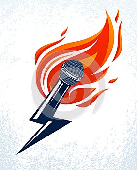 Microphone on fire and shape of lightning, hot mic in flames and bolt, breaking news concept, rap battle rhymes music, karaoke