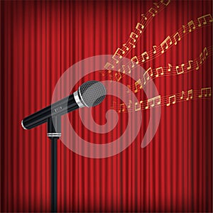 Microphone with floating music note on stage