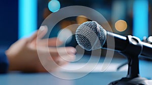 Close-up of a microphone on a stand with a blurred hand gesturing in the background during a speech or interview setting