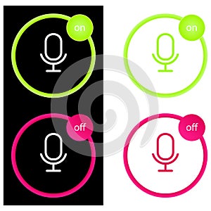 Microphone four color glass button ui ux icon. Glossy app icon logo vector. Set of vector icons on and off microphone