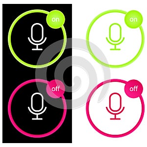 Microphone four color glass button ui ux icon. Glossy app icon logo vector. Set of vector icons on and off microphone. EPS 10