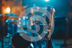 A microphone on a stand in front of a drum set