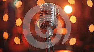 A microphone in front of a stage with lights