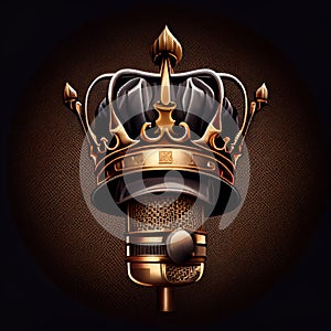 Microphone with golden crown. Crown symbolizes leadership in radio ratings. Professional condenser microphone.