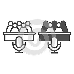 Microphone with group of people line and solid icon, info tech concept. Vector graphics. Stage mic with audience