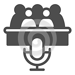 Microphone with group of people solid icon, info tech concept. Vector graphics. Stage mic with audience, auditorium sign