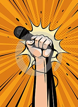 Microphone in hand drawn in pop art retro comic style. Cartoon vector illustration