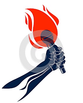 Microphone in hand on fire, hot mic in flames live show, rap battle rhymes music, concert festival or night club label, karaoke