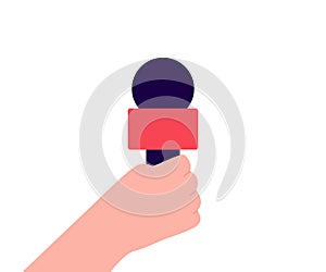 Microphone in hand for interview, broadcast, hot news on radio or tv. Mic, mike object. Vector flat illustration