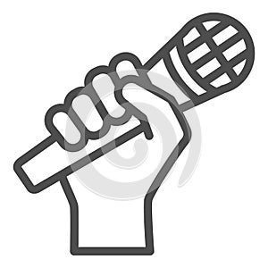 Microphone in hand line icon, sound design concept, hand holding mic vector sign on white background, outline style icon