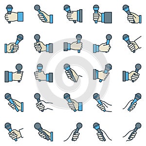Microphone in hand outline colorful vector icons set