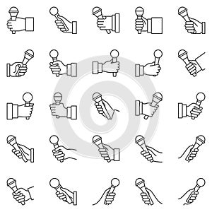 Microphone in hand outline icons set. Interview vector signs