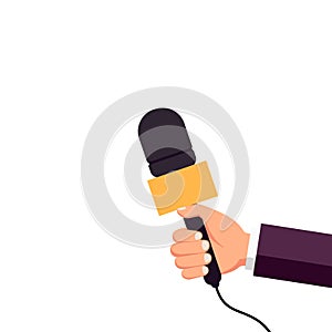 Microphone in hand for poll, question and quiz. Hand hold microphone for interview, news and television broadcast. Concept of