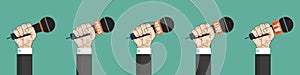 Microphone in hand. Set of icons. Press, news, live and TV microphones. Vector illustration