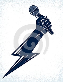 Microphone in hand in a shape of lightning, rap battle rhymes music, karaoke singing or standup comedy, vector logo or