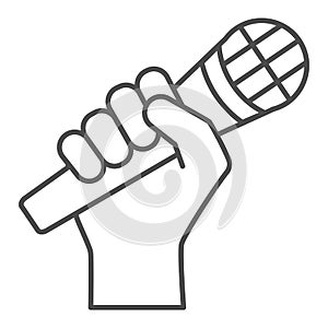 Microphone in hand thin line icon, sound design concept, hand holding mic vector sign on white background, outline style