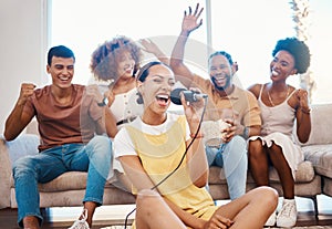 Microphone, happy people or friends singing in home living room together in a party on holiday vacation break. Girl