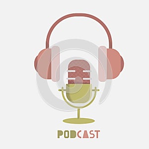 Microphone, headphone, vector icon for podcast, media hosting.