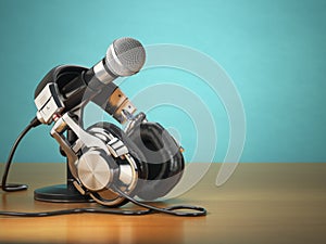 Microphone and headphones. Audio recording or radio commentator