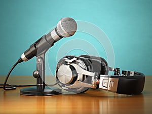 Microphone and headphones. Audio recording or radio commentator photo
