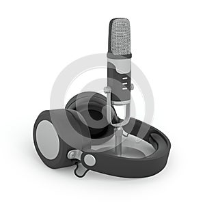 Microphone and headphones. Black plastick and steel materials. 3D rendering.
