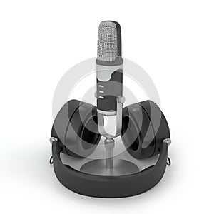 Microphone and headphones. Black plastick and steel materials. 3D rendering.