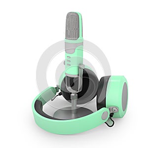 Microphone and headphones. Mint color plastic and steel materials. 3D rendering.