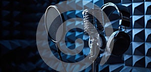The microphone and headphones in a modern recording studio setup AI generated image