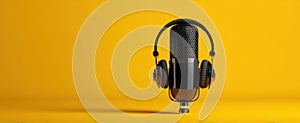 The microphone and headphones setup against a vibrant yellow background. AI generated image