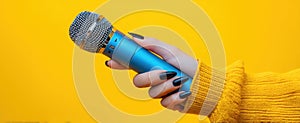 The microphone held by a stylish hand against a vibrant yellow background..AI generated image
