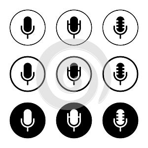 Microphone icon on black circle. Mic, voice recorder logo app