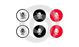 Microphone icon button set. Audio voice recording on off mute symbol. Basic icons for video conference, webinar and video chat.