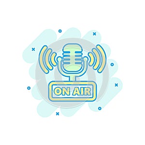 Microphone icon in comic style. Live broadcast vector cartoon illustration on white isolated background. On air business concept