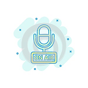 Microphone icon in comic style. Live broadcast vector cartoon illustration on white isolated background. On air business concept