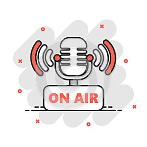 Microphone icon in comic style. Live broadcast vector cartoon illustration on white isolated background. On air business concept