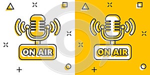 Microphone icon in comic style. Live broadcast vector cartoon illustration on white isolated background. On air business concept