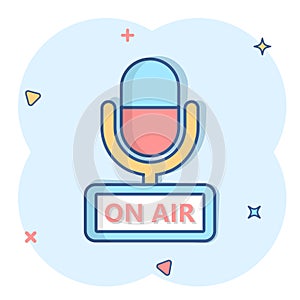 Microphone icon in comic style. Live broadcast vector cartoon illustration on white isolated background. On air business concept