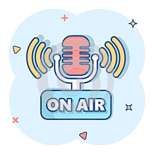 Microphone icon in comic style. Live broadcast vector cartoon illustration on white isolated background. On air business concept