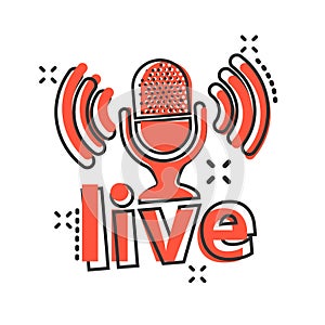 Microphone icon in comic style. Live broadcast vector cartoon illustration on white isolated background. Sound record business